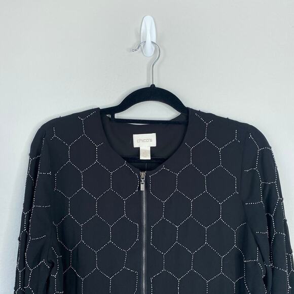 CHICOS Beaded Bomber Jacket Black Zipper Hexagon Rhinestones Size 1 Women's 8 - Picture 4 of 8